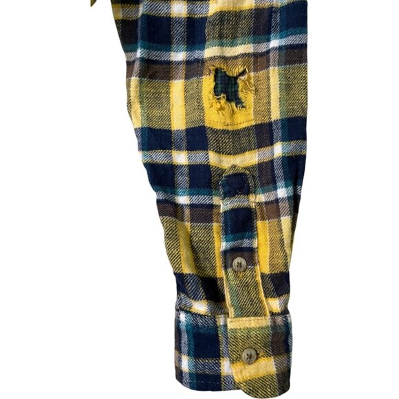 American Eagle AE Cropped Flannel Hooded Shirt Top XS Mustard Yellow Blue Brown - Picture 5 of 11